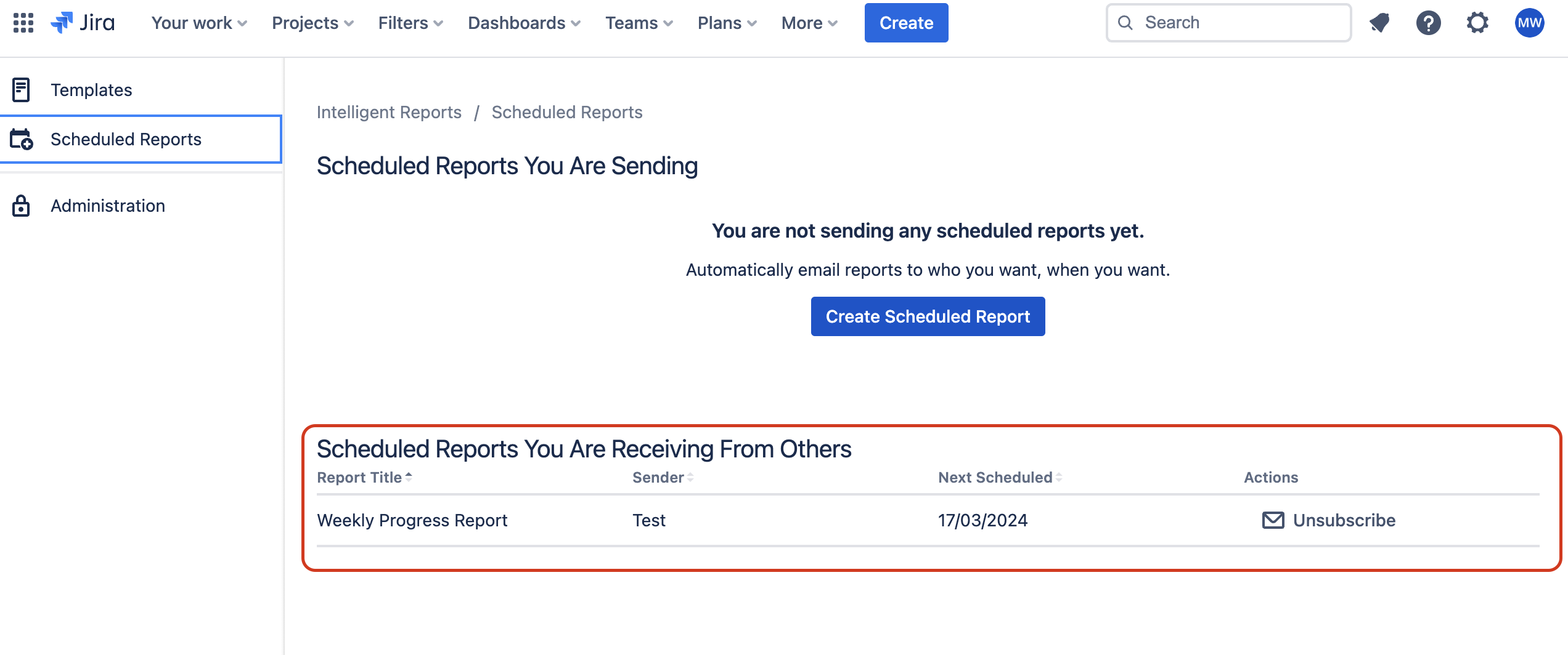 A list of scheduled reports that you are receiving from other users